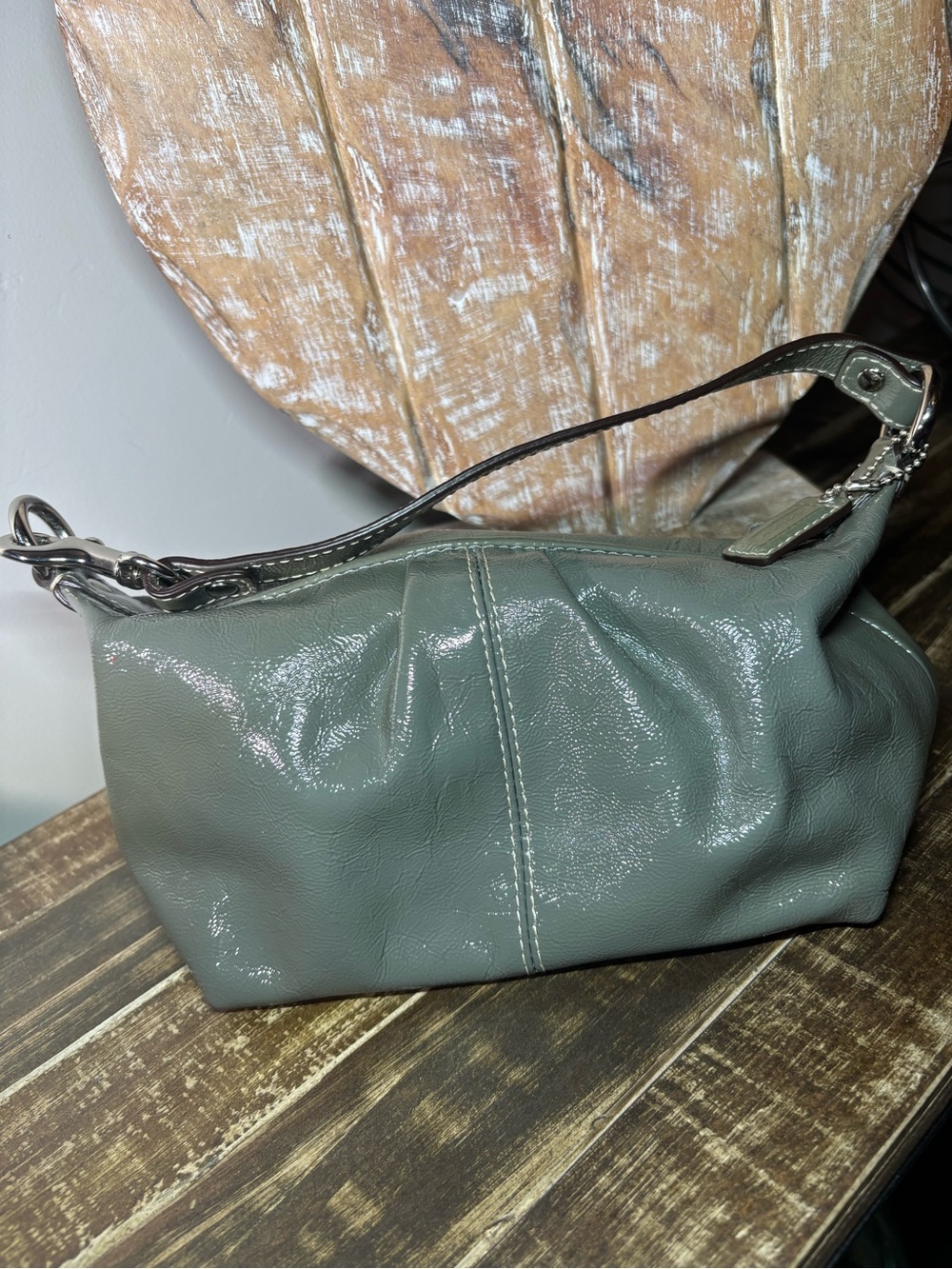 Coach grey patent leather handbag in Sage Green
